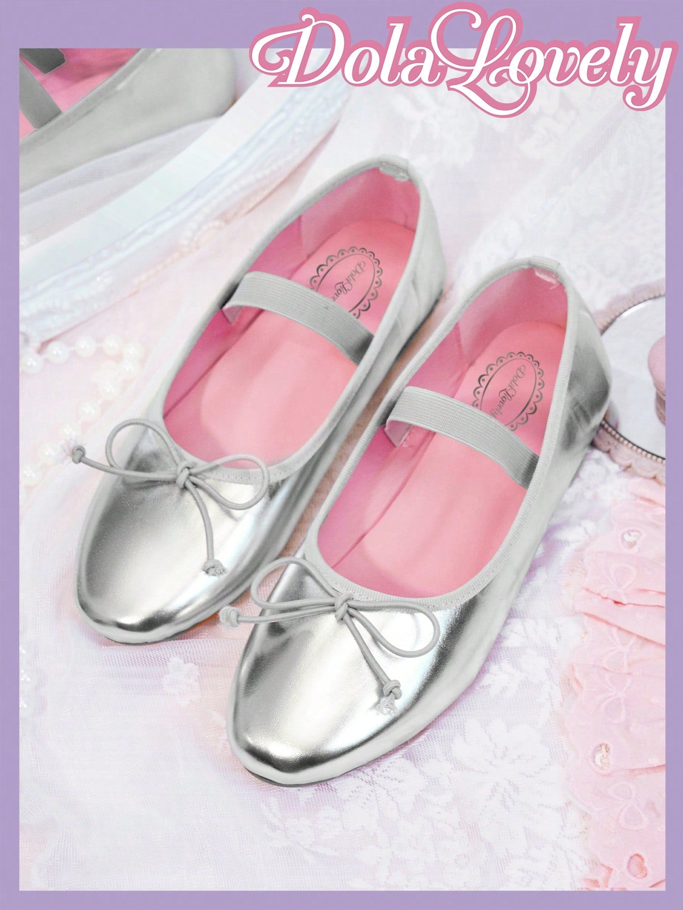 Dola Lovely Women's Lolita Style Cute Butterfly Flats, Pink Inner Lining Ballet Shoes With Silver Soft Comfortable Sole