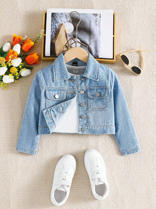 Young Girl Casual Floral Printed Denim Jacket