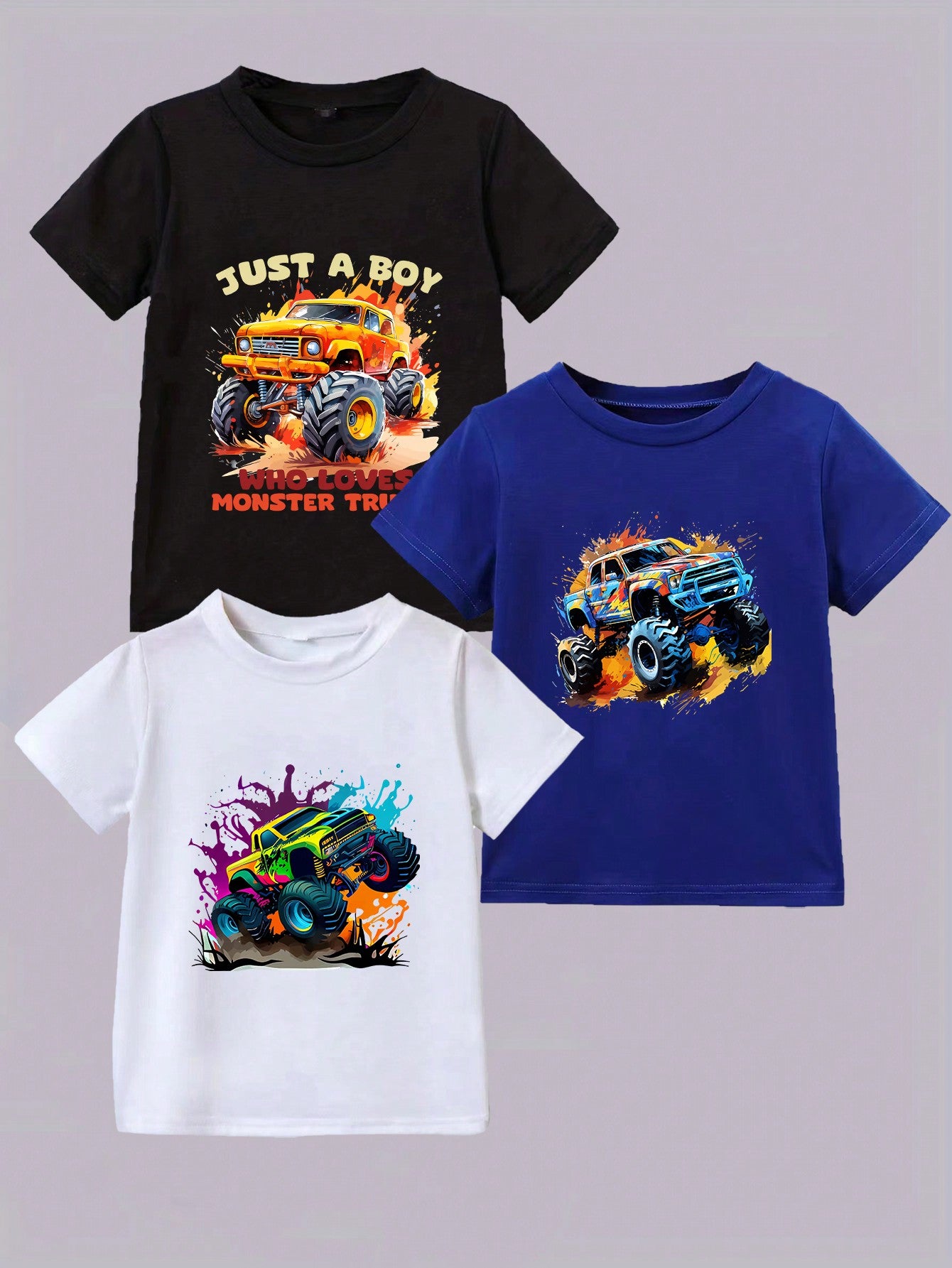 3pcs Young Boy Off-Road Vehicle Printed Round Neck Short Sleeve T-Shirt Set, Including Truck, Racing Car, For Spring/Summer/Autumn