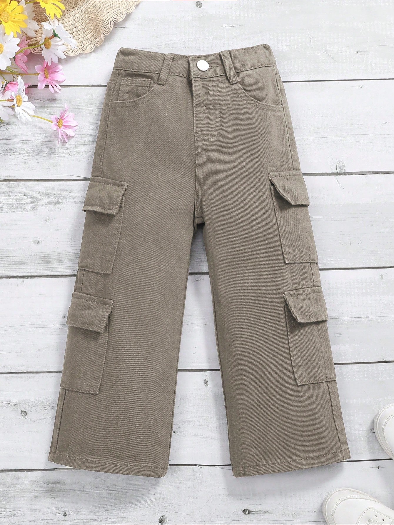 Young Girls Solid Color Casual Workwear Straight Leg Jeans With Pockets