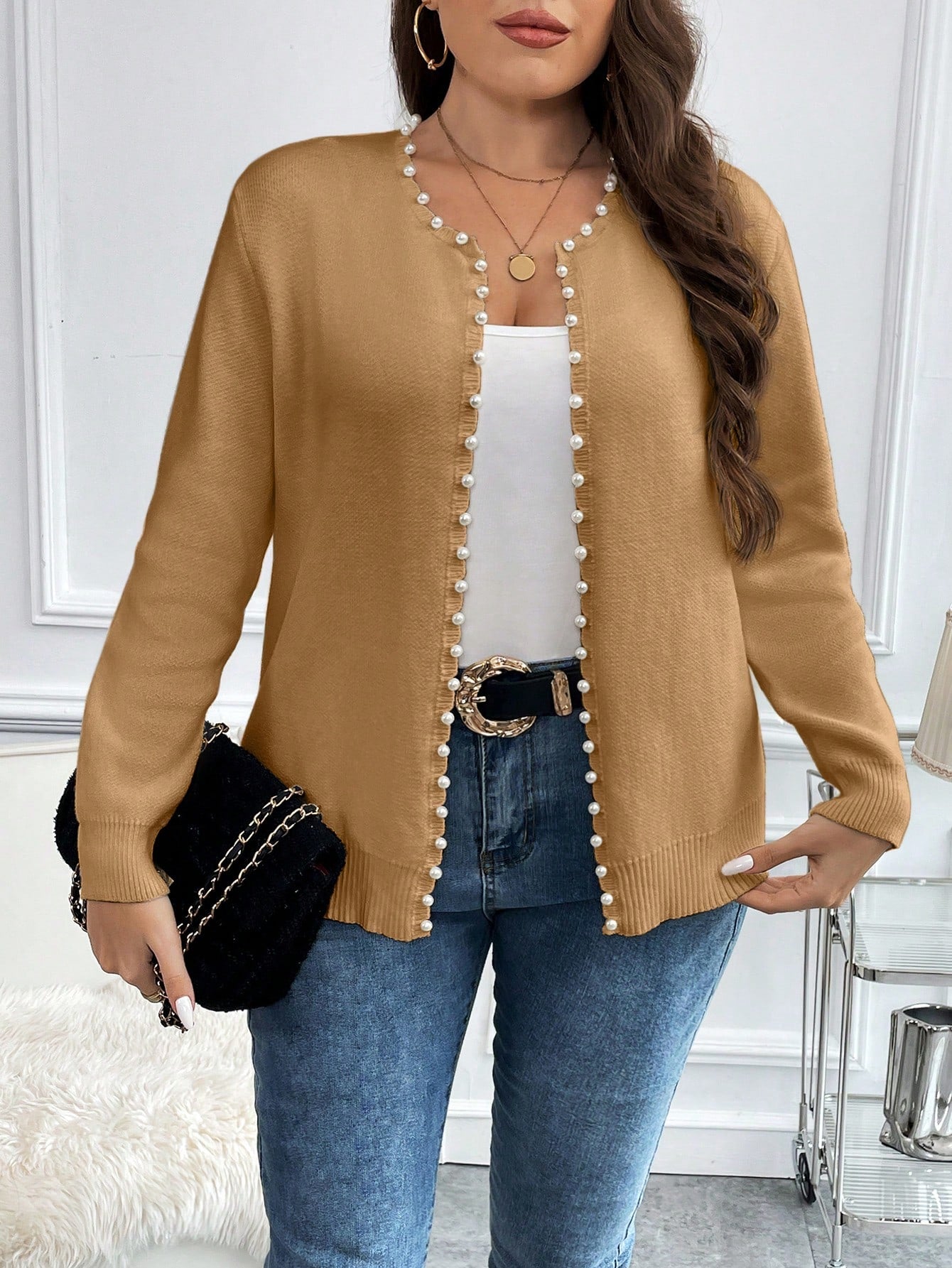 Plus Pearls Beaded Open Front Cardigan