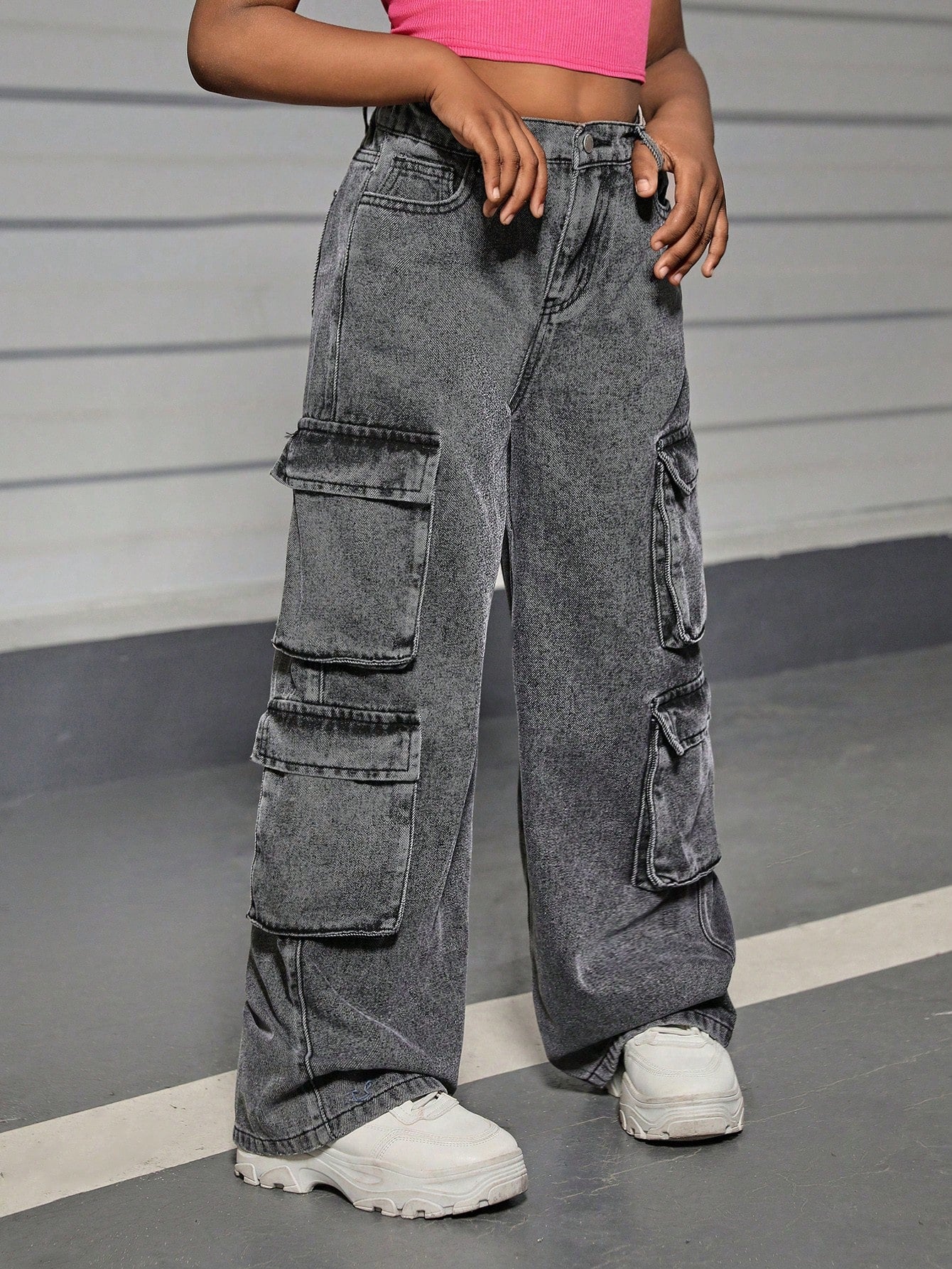 Tween Girl Y2K Trendy Stonewashed High Waist Straight Leg Cargo Jeans With Utility Flap Pockets, Summer Pants Outfits