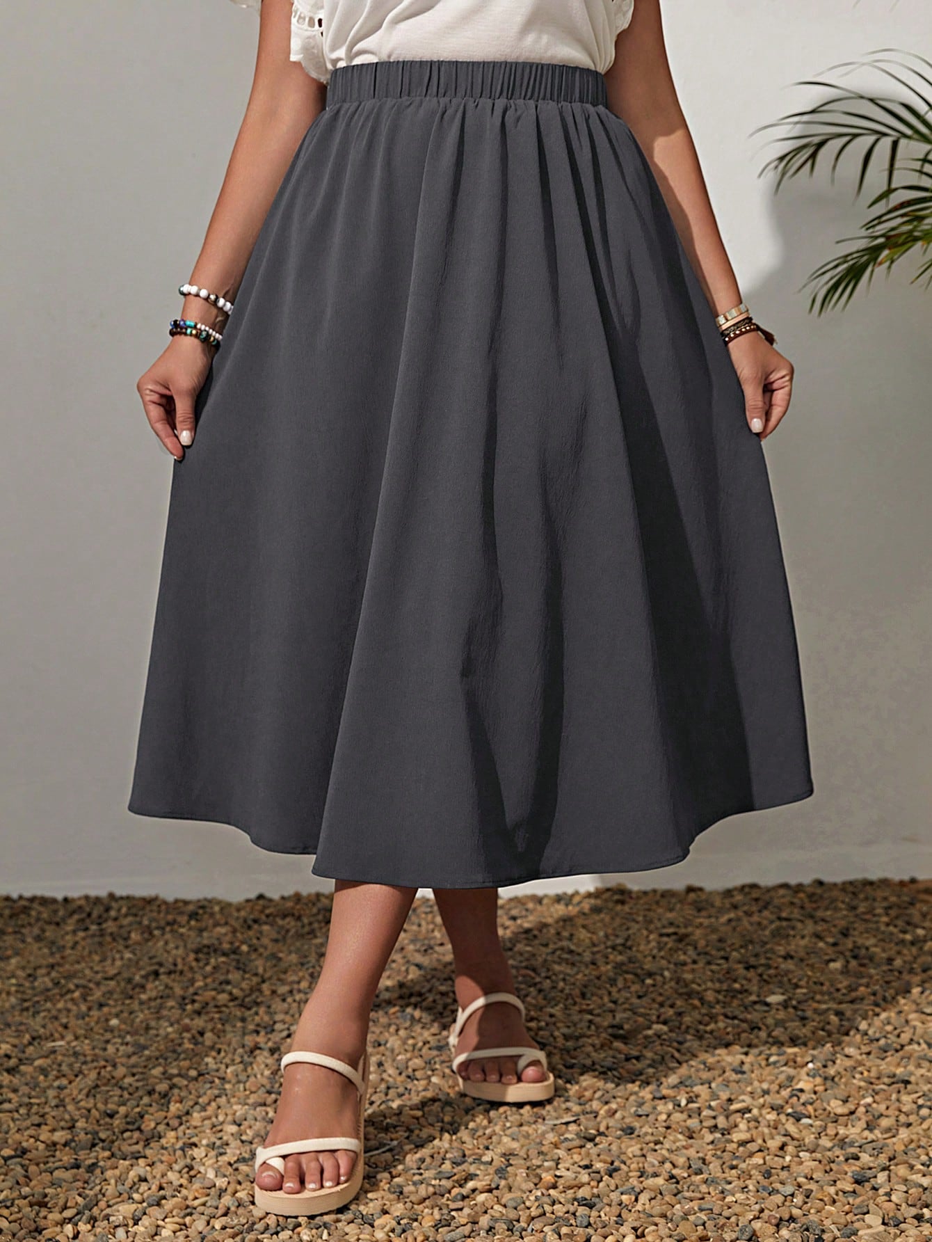 Plus Size Solid Color Elastic Waist Swing Loose Summer Fashion All-Match Skirt