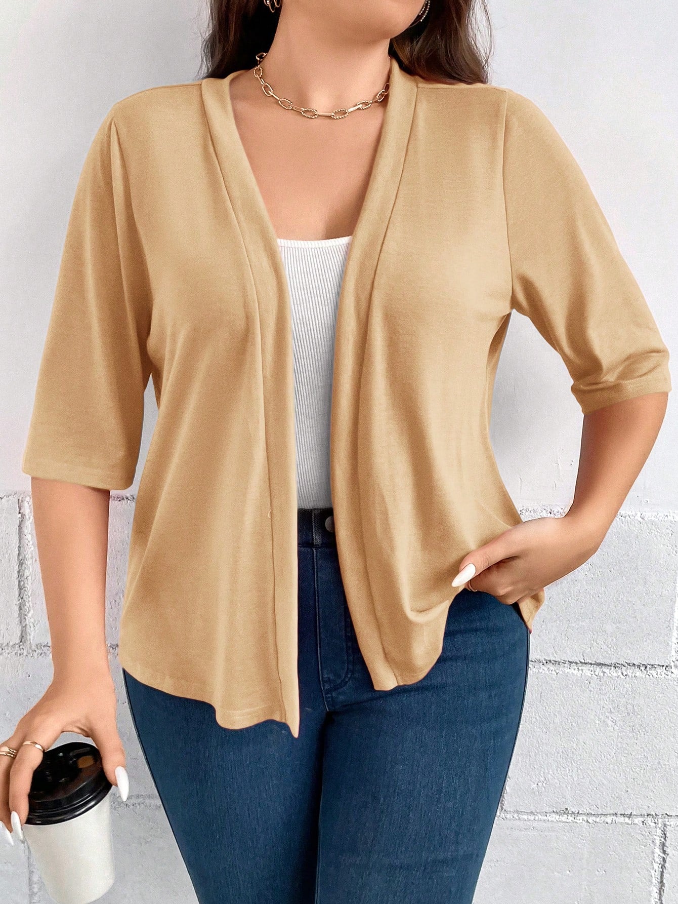 Plus Size Women's Summer Solid Color Short Sleeve Open-Front Casual Jacket