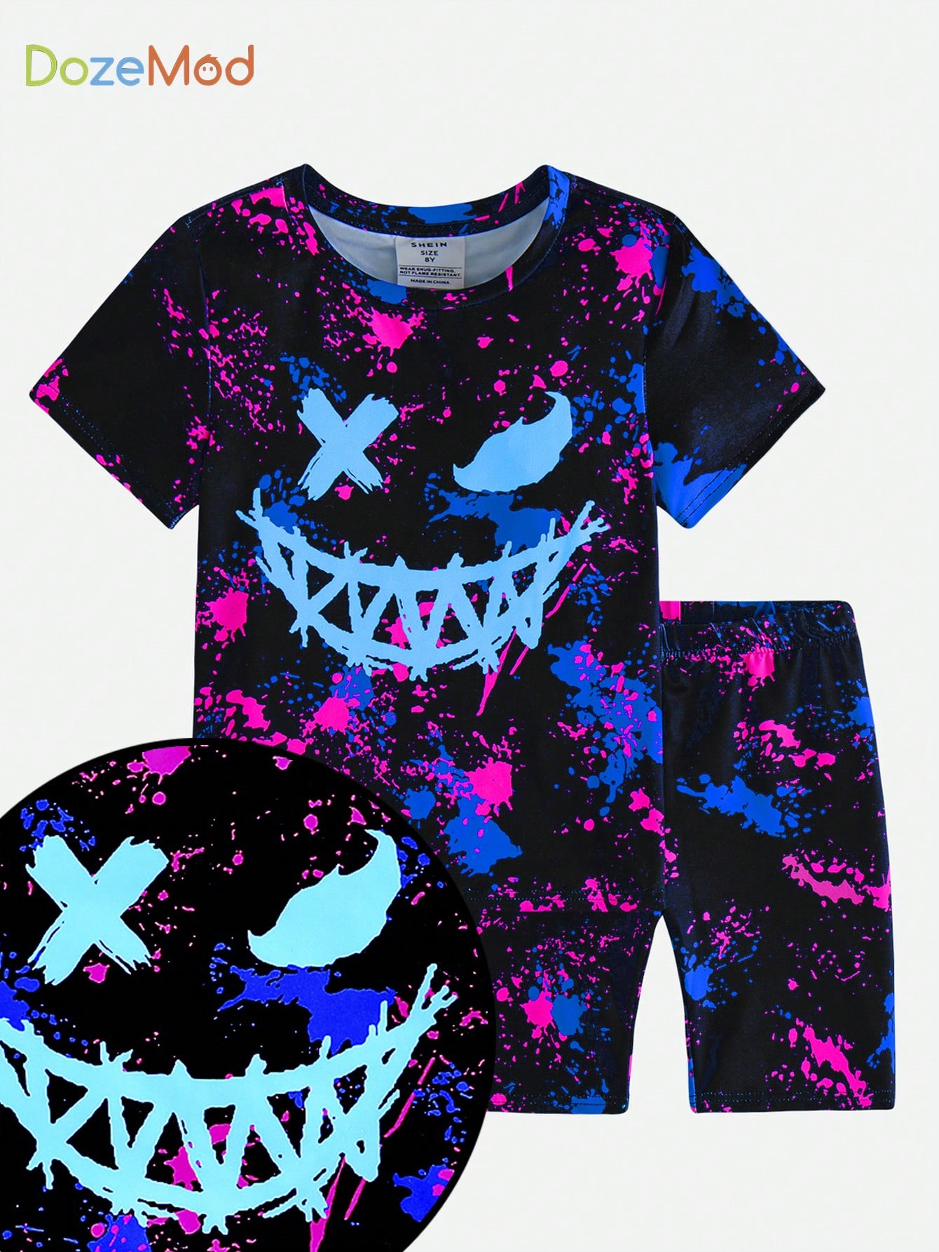 Tween Boys' Snug Fit Casual Short Sleeve T-Shirt And Shorts Lounge Set With Glow-In-The-Dark Emoji Print