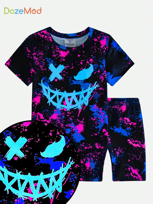 Tween Boys' Snug Fit Casual Short Sleeve T-Shirt And Shorts Lounge Set With Glow-In-The-Dark Emoji Print