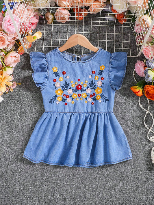 Tween Girl Woven Floral Embroidery Loose Fit Casual Denim Shirt With Round Neckline For Summer Vacation Outfits