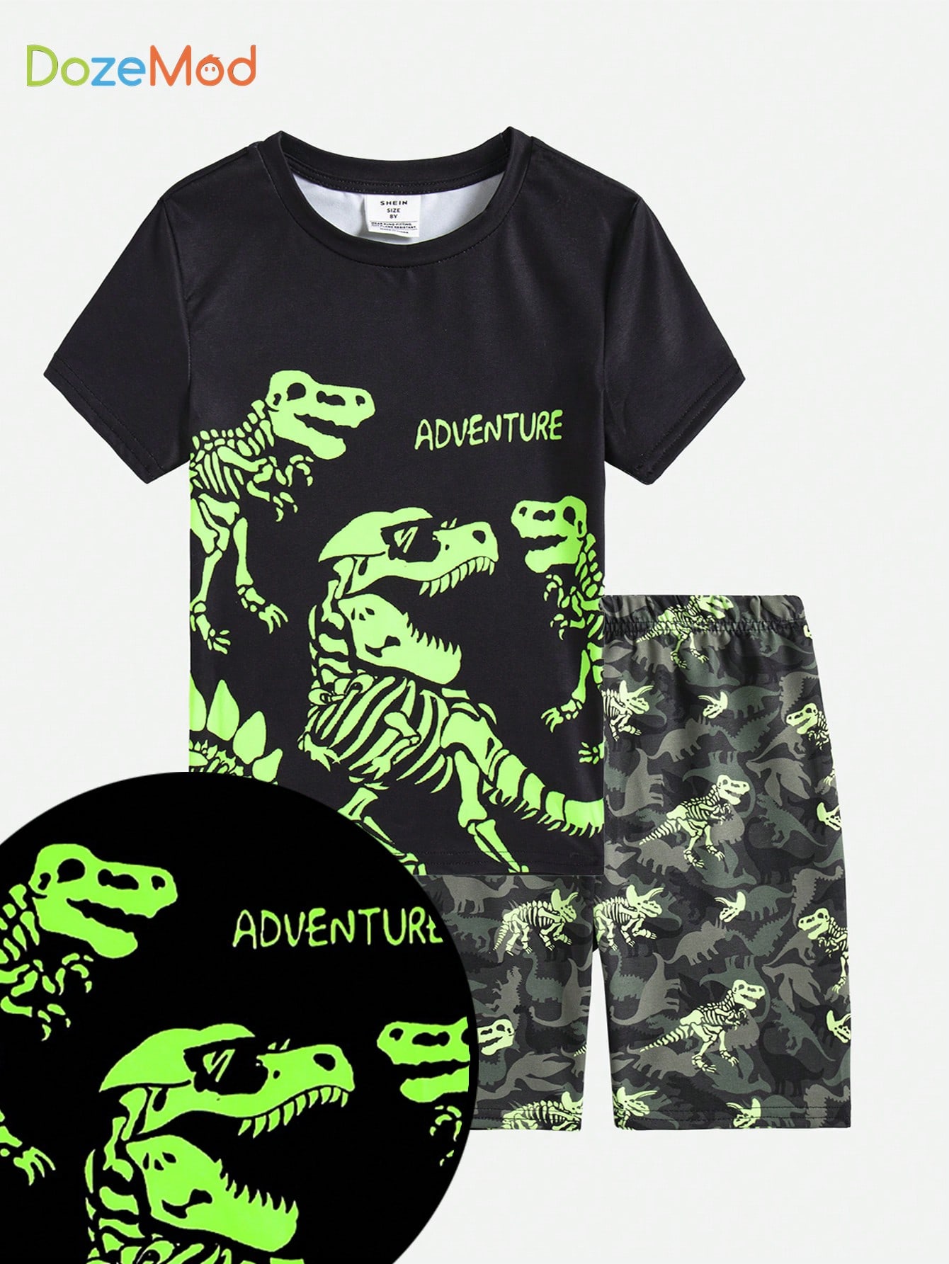 Young Boy's Leisure Round Neck Pullover Short Sleeve And Shorts Two-Piece Snug Fit Homewear With Fluorescent Dinosaur Pattern