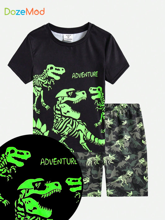 Young Boy's Leisure Round Neck Pullover Short Sleeve And Shorts Two-Piece Snug Fit Homewear With Fluorescent Dinosaur Pattern