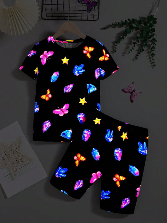 Tween Girl Snug Fit 2pcs Night Glow Butterfly Crystal Pattern Printed Short Sleeve Shorts Knit Home Sleepwear Set, Summer