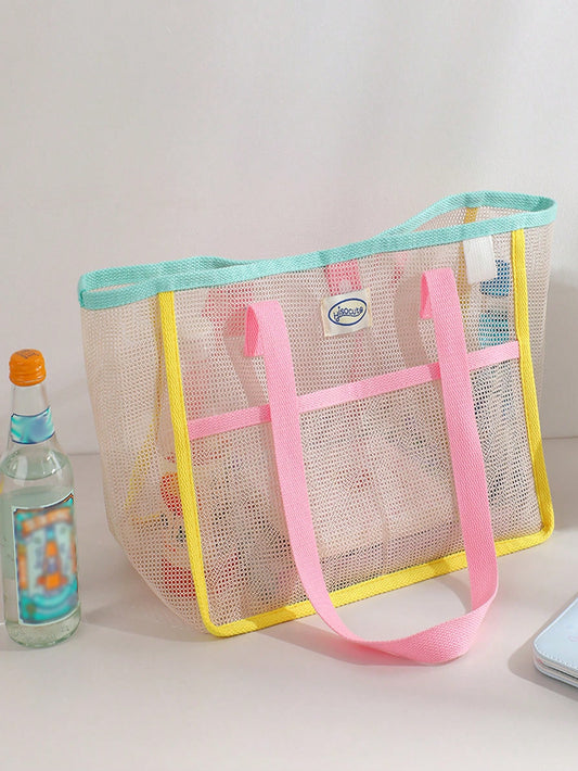 Kids Travel Toiletry And Swimwear Organizer Bag, Large Capacity Macaron Color Mesh Breathable Shoulder Bag For Beach Vacation, Outdoor Picnic, Can Store Swimwear, Slippers, Toys, Etc.