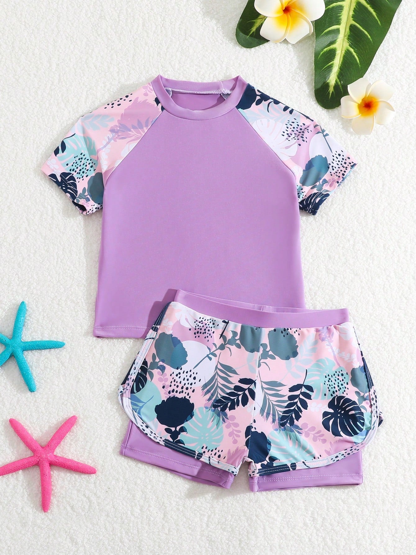 Tween Girl Tropical Plant Printed Short Sleeve Top And Shorts Casual Tankini Swimwear Set, Vacation