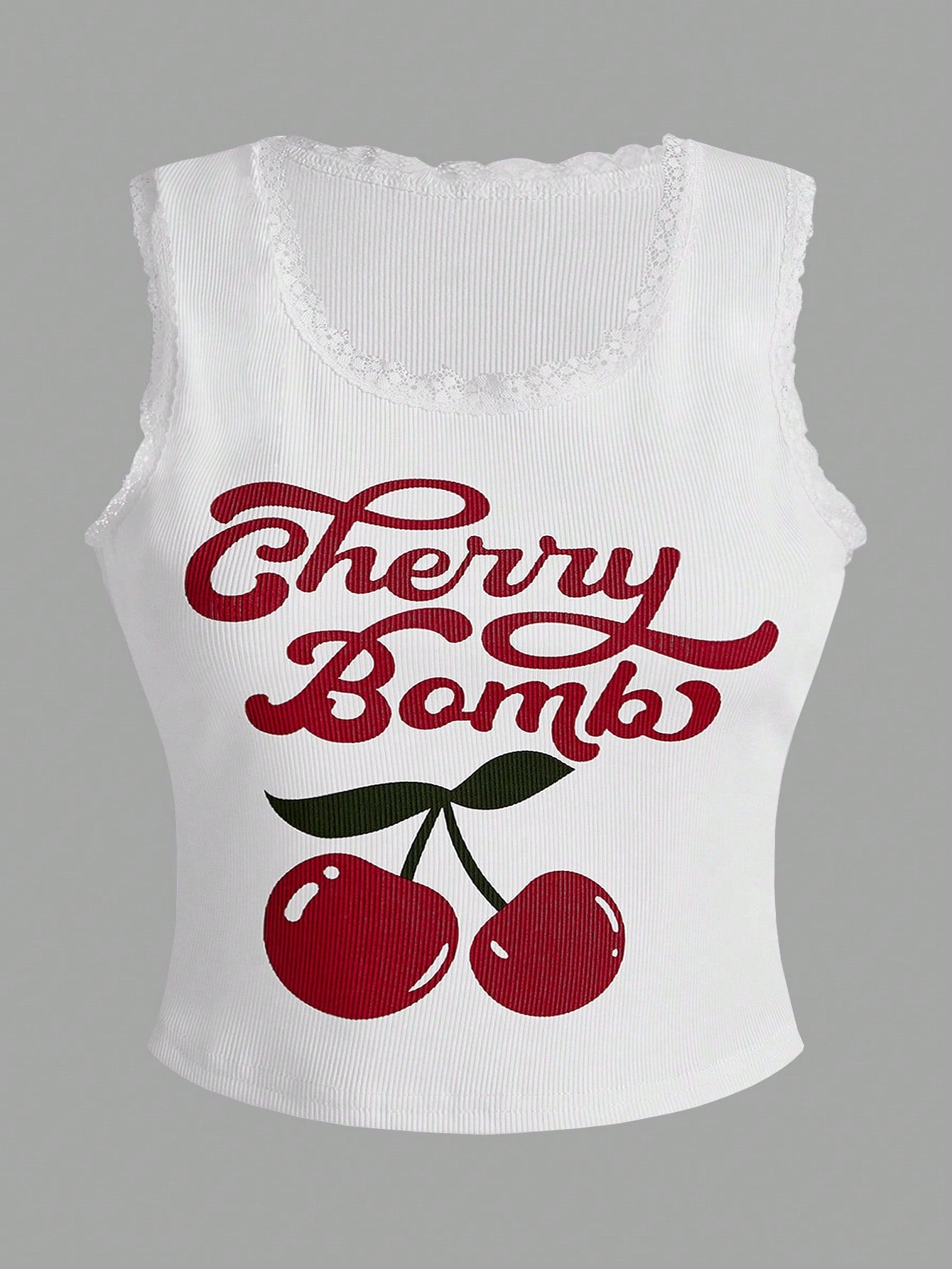 Plus Size Summer Cherry & Letter Printed Slim Fit Tank Top Cherry Bomb, School