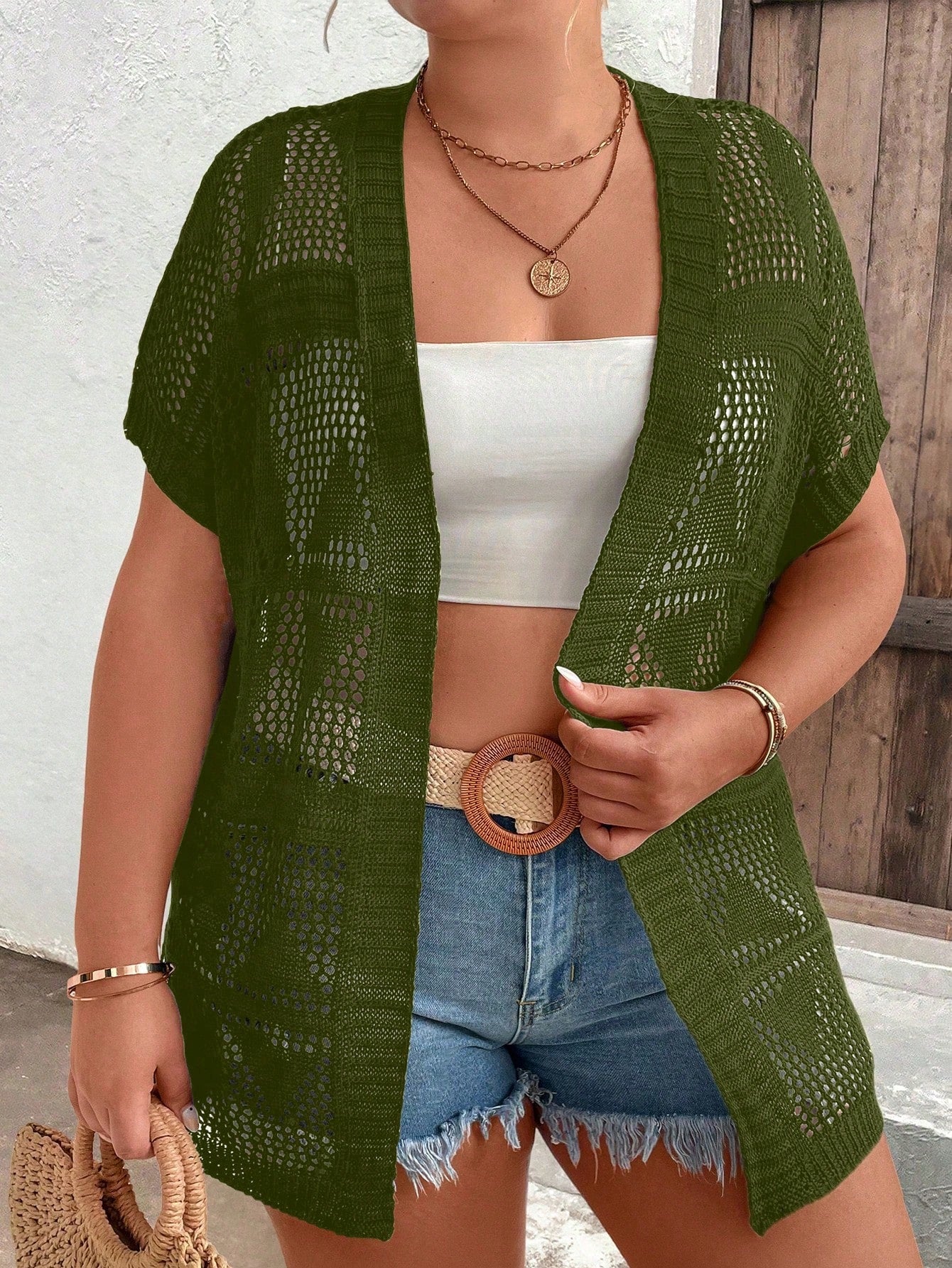 Plus Size Summer Solid Color Knitted Casual Short Sleeve Cardigan