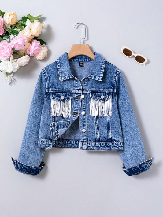 Tween Girl Trendy Stonewashed Casual Denim Jacket With Fringe Decoration,Fashionable And Cute All-Match Outerwear