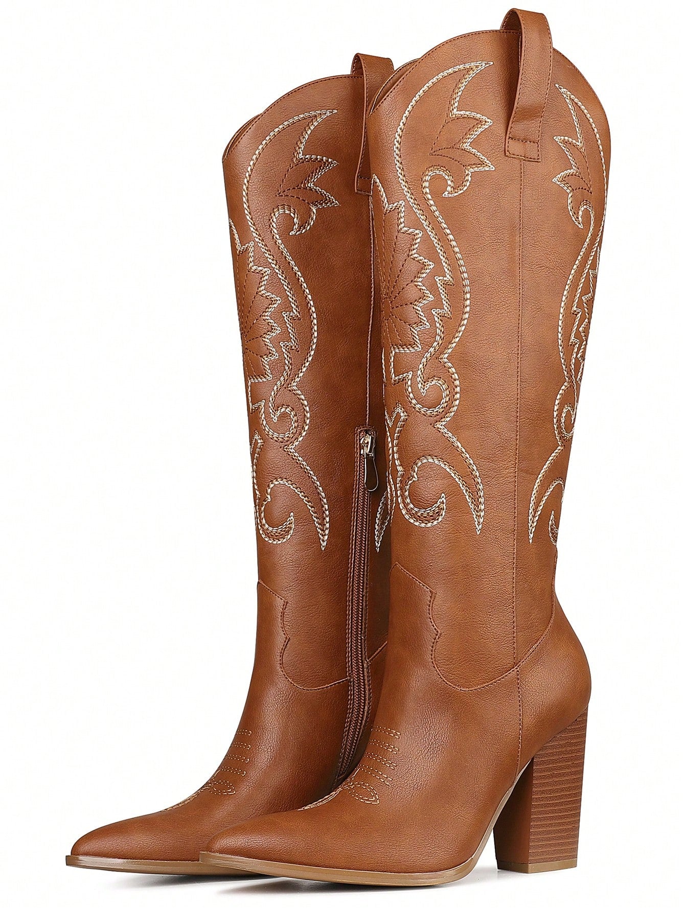 Women Western Knee High Boots Embroidered Chunky Block Heel Cowboy Boots Pointed Toe Pull On Cowgirl Boots