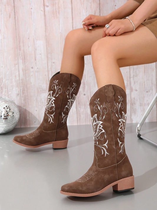 2024 New Embroidered Western Knight Boots, Pointed Toe Chunky Heel Mid-Calf Boots For Women