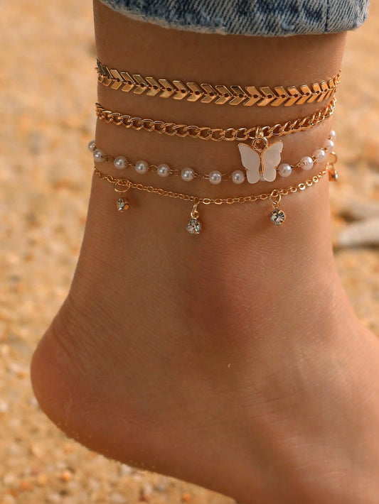 4pcs Beach Style Children's Anklet Set With CZ Butterfly, Flower, Heart Pendant And Imitation Pearl Decoration For Girls