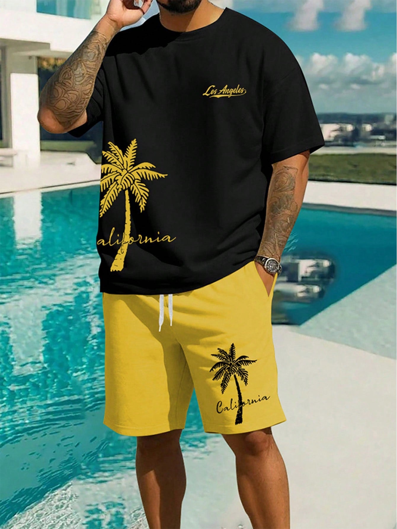 Men's Plus Size Palm Tree Print Round Neck Short Sleeve Casual T-Shirt And Drawstring Waist Shorts, Summer Outfits