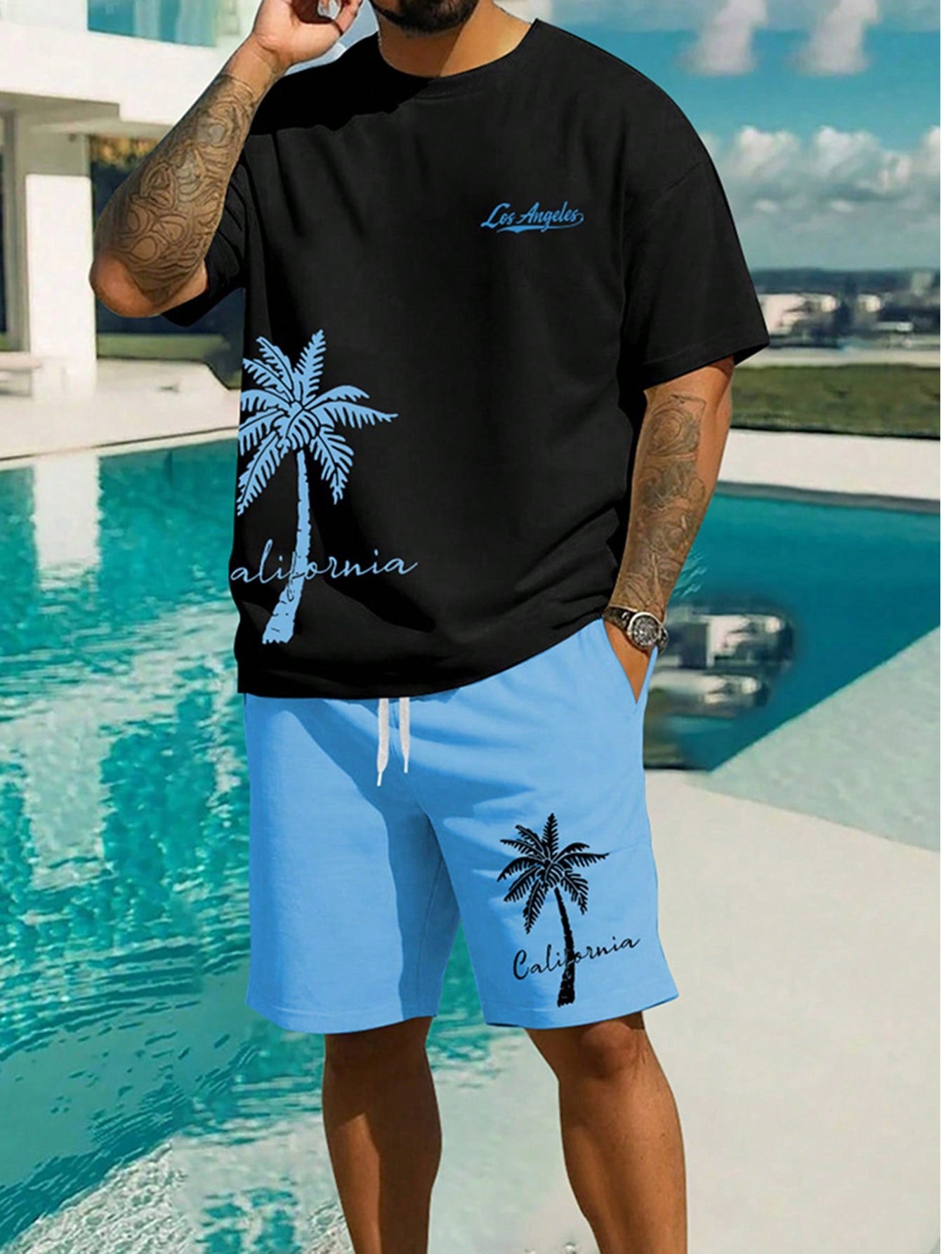 Men Plus Size Tropical Letter Printed Oversized Drop Shoulder T-Shirt And Shorts Set For Summer