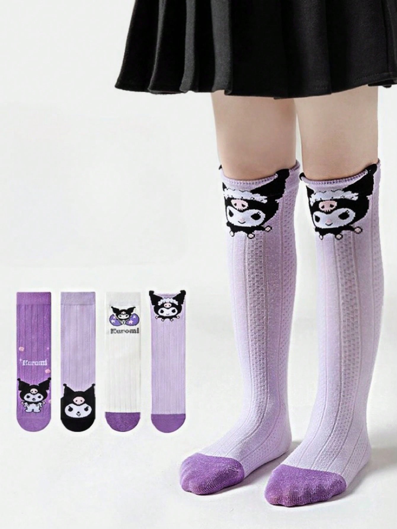 4 Pairs Purple Cartoon Mesh Cute Women's Breathable Mid-Calf Socks, Spring/Summer