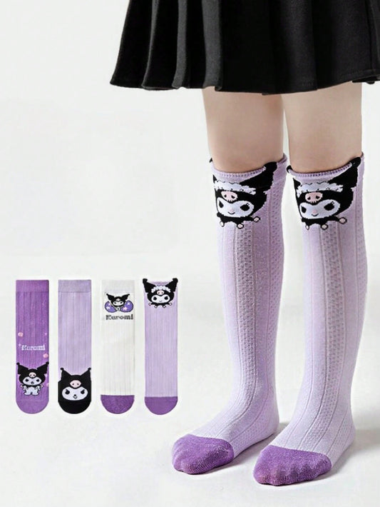 4 Pairs Purple Cartoon Mesh Cute Women's Breathable Mid-Calf Socks, Spring/Summer