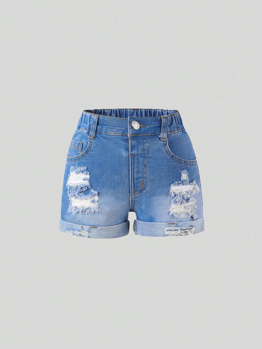 Young Girl Vintage Ripped High Waisted Stretch Denim Shorts With Distressed Holes, Casual And Comfortable