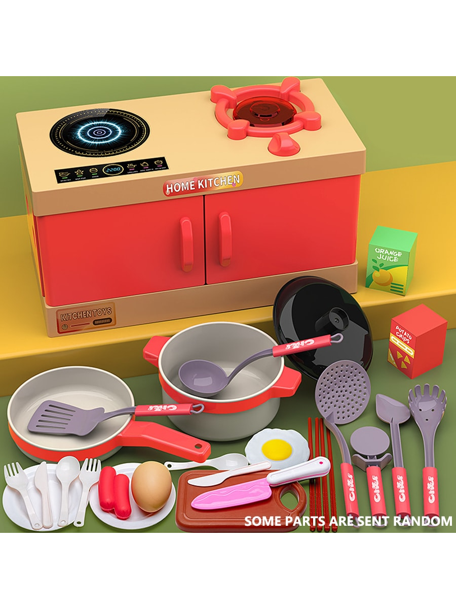 33pcs Kids Kitchen Play Set Toy, Girls Pretend Cooking Stove & Pans, Interactive Toy For Birthday, Educational Gift