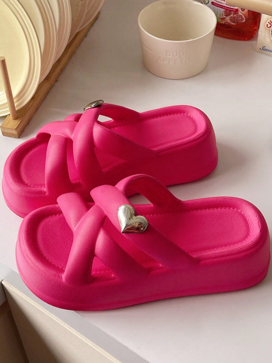 Women's Cross-Strap Thick Sole Slippers, EVA, Streetwear, Fashionable Slides Sandals, Ideal For Vacations, Waterproof Platform, Pink