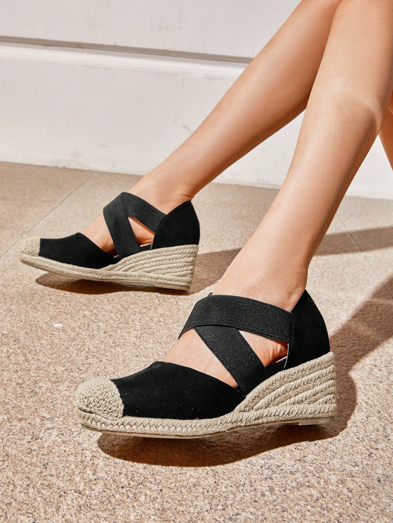 Womens Close Toe Espadrilles Platform Slip On Elastic Criss Cross Straps Dressy Wedges Sandals