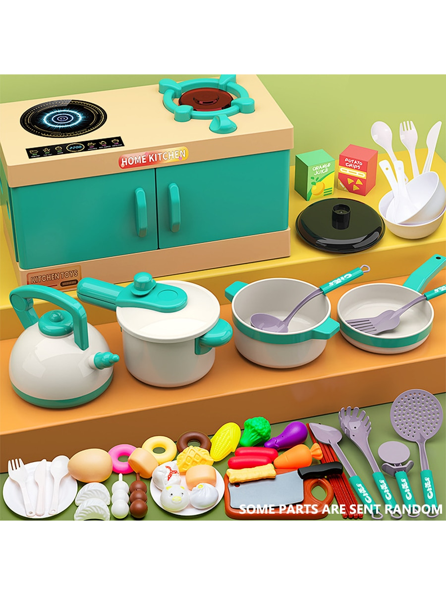 56pcs Green Kids' Kitchen Toy Set, Pretend Play Cooking Stovetop With Pan & Vegetables, Parent-Child Indoor Interactive Educational Toy, Children's Birthday Gift