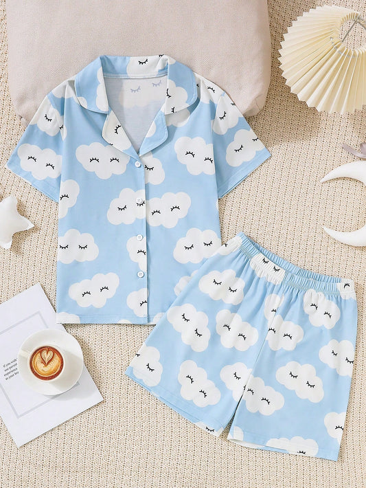 Tween Girls' Cute Cloud Print Short Sleeve Top And Shorts Homewear Set