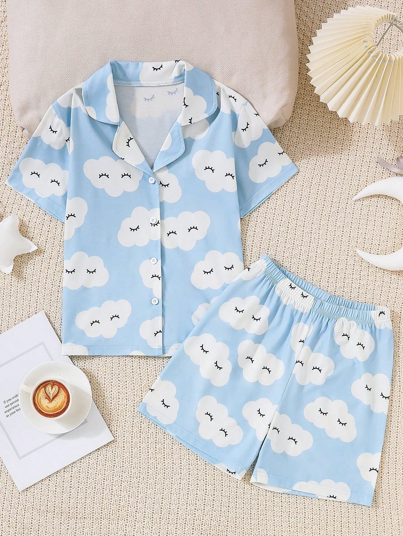 Tween Girl Cute Cloud Printed Shorts And Short-Sleeved Cardigan Set With Button, Casual And Flame-Retardant Homewear