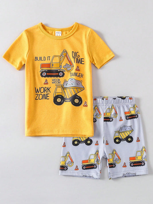 Young Boy Excavator & Letter Graphic Snug Fit PJ Set