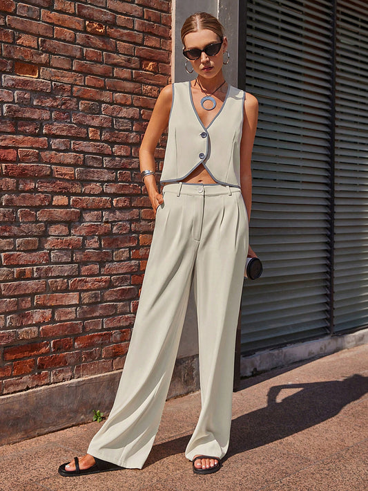 2pcs Women Spring&Summer Casual Contrasting Color Trim Vest And Pants Suit