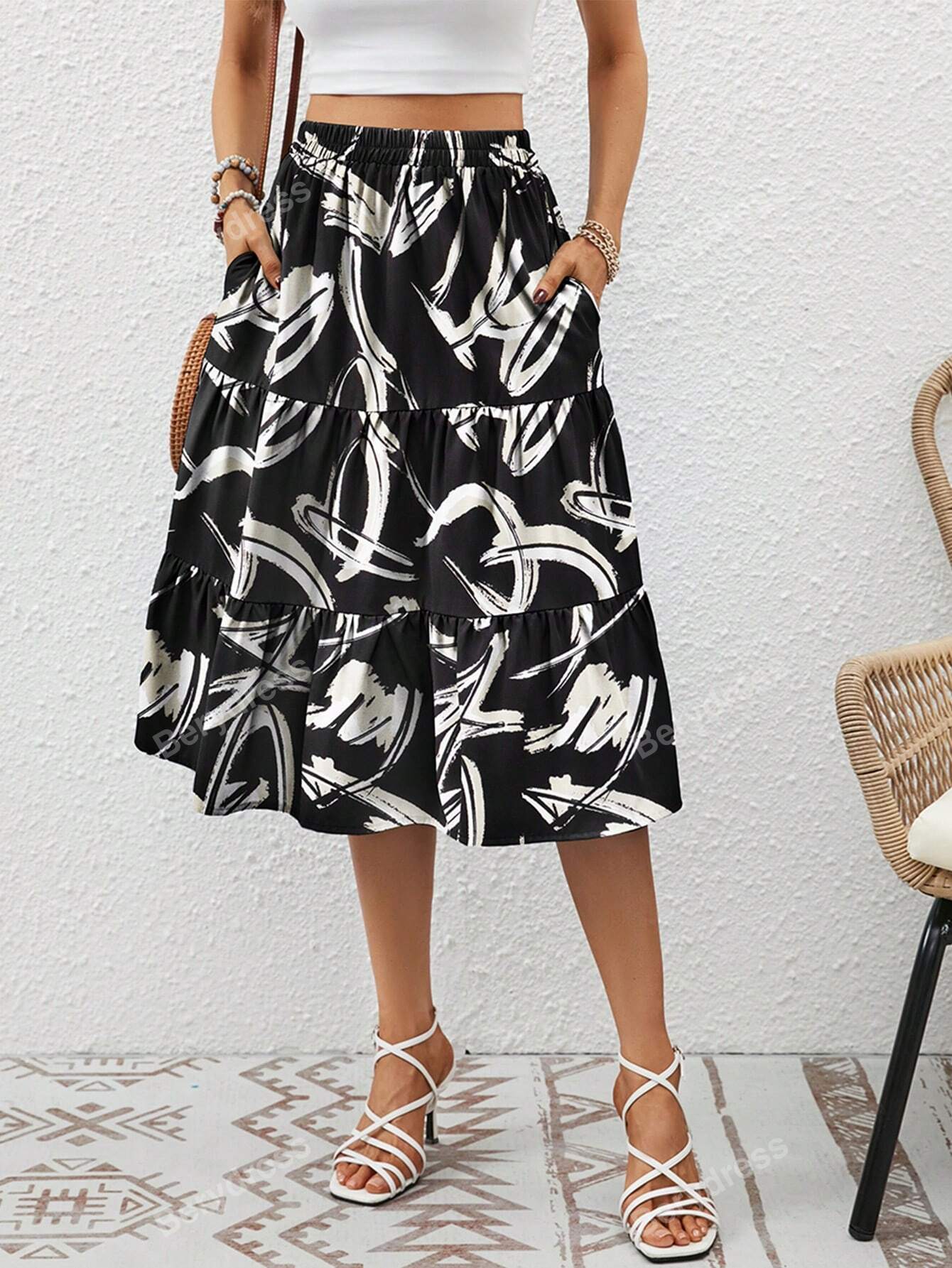 Women's Elastic Waist Layered Printed Mid-Length Casual Holiday Beach Skirt