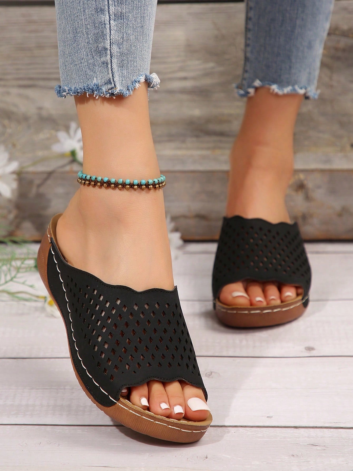 Women Summer Hollow Out Platform Slippers, Soft Bottom Backless Cut-Outs Wedges Sandals For Women