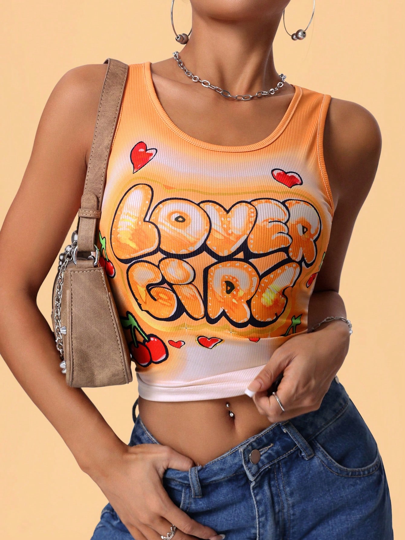 Plus Size Summer Y2K Loveheart Cherry & Letter Print Ombre Slim Fit Cropped Tank Top