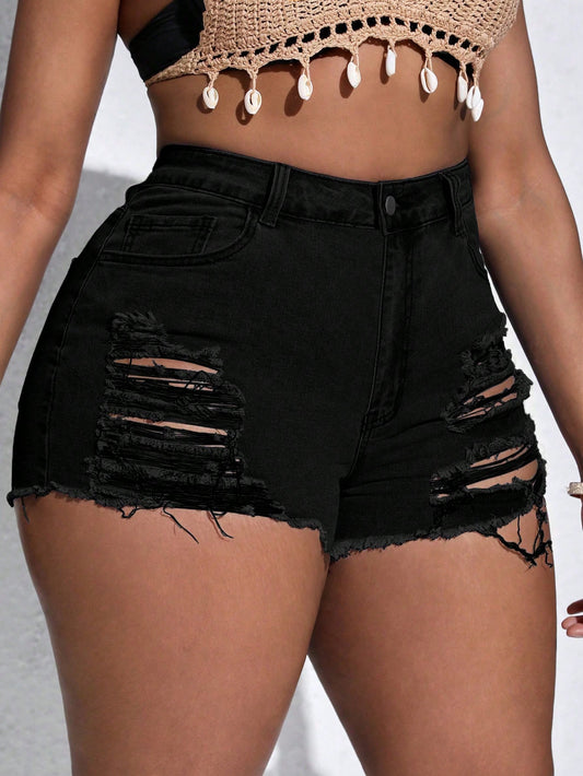 Plus Size Women's Ripped Frayed Hem Casual Denim Shorts With Pockets