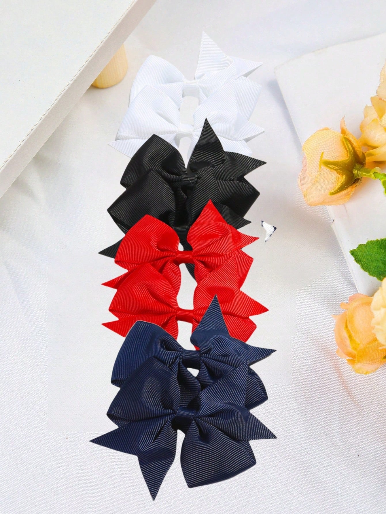 8pcs White, Red,  Blue, Black 4 Inch Grosgrain Ribbon Bow Hair Clips For Fringes And Side Hair Accessories, Back To School College Style, Suitable For Girls To Wear On Daily Basis Or As A Gift To Classmates, Great Match To School Uniform Outfits