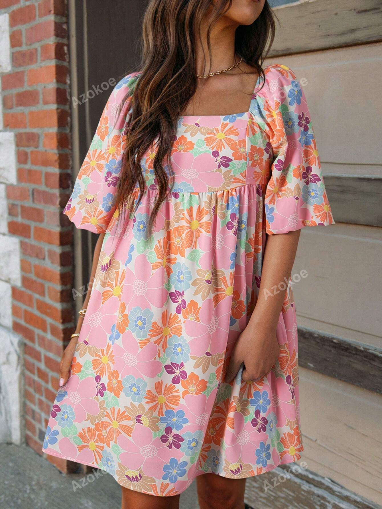 Boho Floral Square Neck Puff Sleeve Babydoll Dress