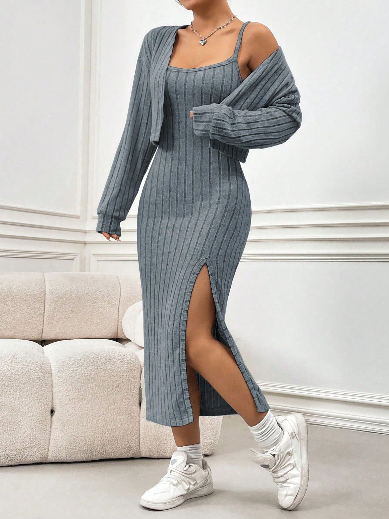 Fleece Casual Simple Spaghetti Strap Dress And Coat