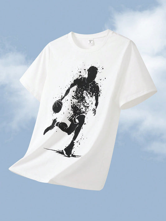 Tween Boys Extended Size Basketball Print Short Sleeve Sports T-Shirt