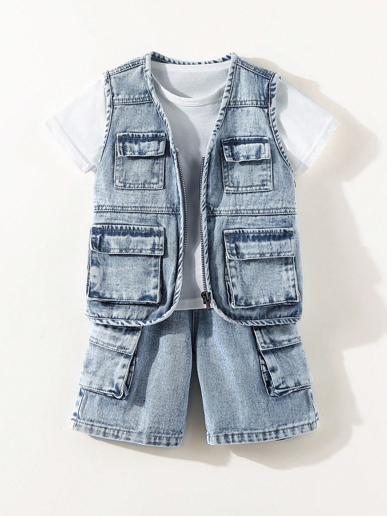 Young Boy Trendy Casual Tooling Jean Vest & Denim Shorts Denim Outfit