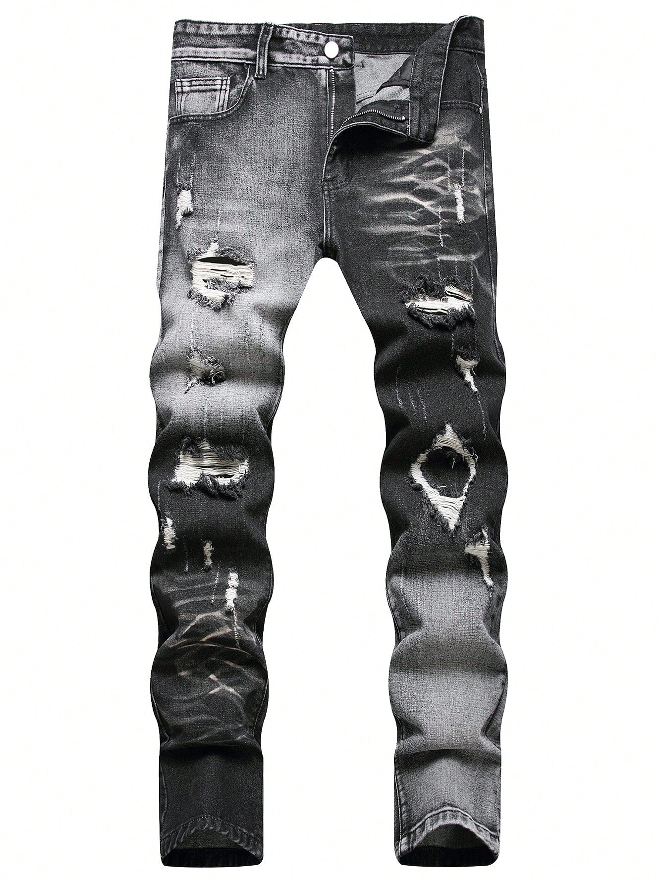 Men Cotton Ripped Frayed Bleach Wash Jeans