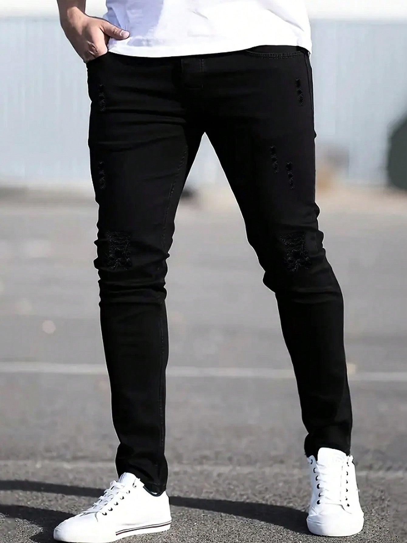 Men's Ripped Skinny Jeans With Pockets, Casual