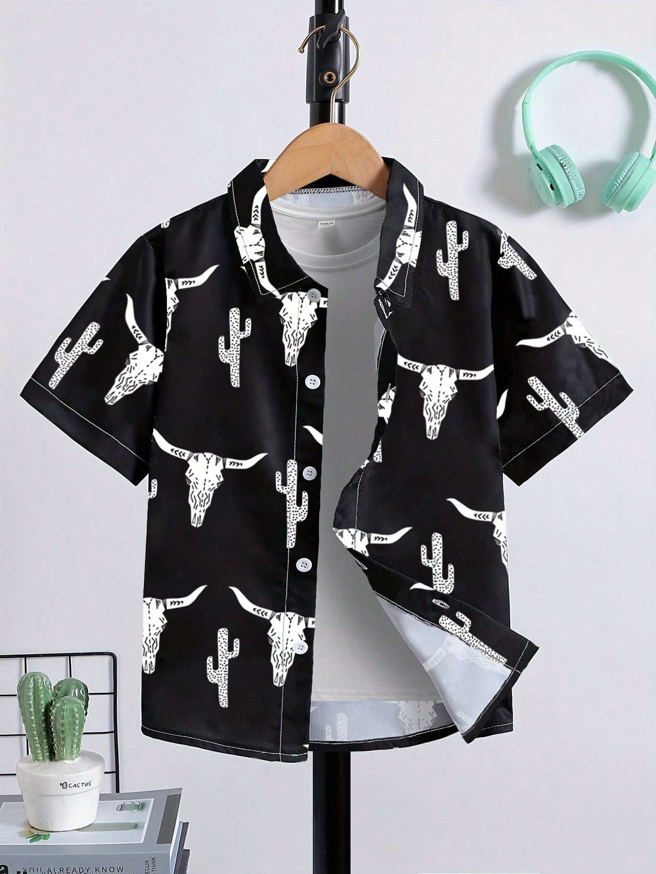 Young Boy 2024 Spring-Summer New Arrival Trendy Randomly Cut Printed Short Sleeve Shirt, Casual