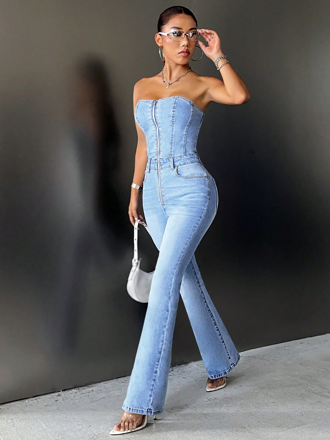 Zip Up Flare Leg Tube Denim Jumpsuit