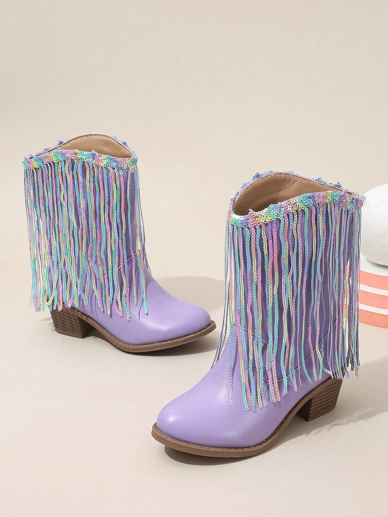 New Stylish Irregular Purple Patchwork Fringe Pattern, Chunky Heel & Round Toe, All-Match Riding Boots For School Children