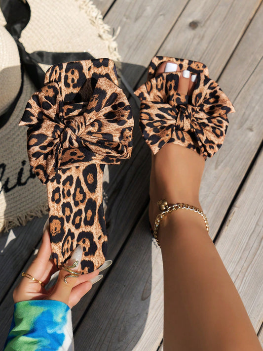 Summer Leopard Print Flat Sandals, Sexy Party Slipper With Bow Decor, Bohemian Style Vacation Beach Sandals